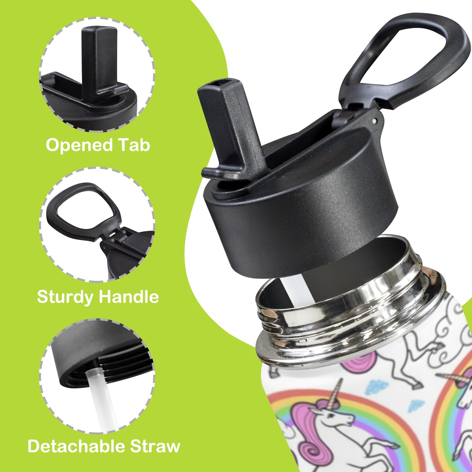 Cartoon Unicorn Rainbow 12oz Kids Water Bottle with Straw Lid