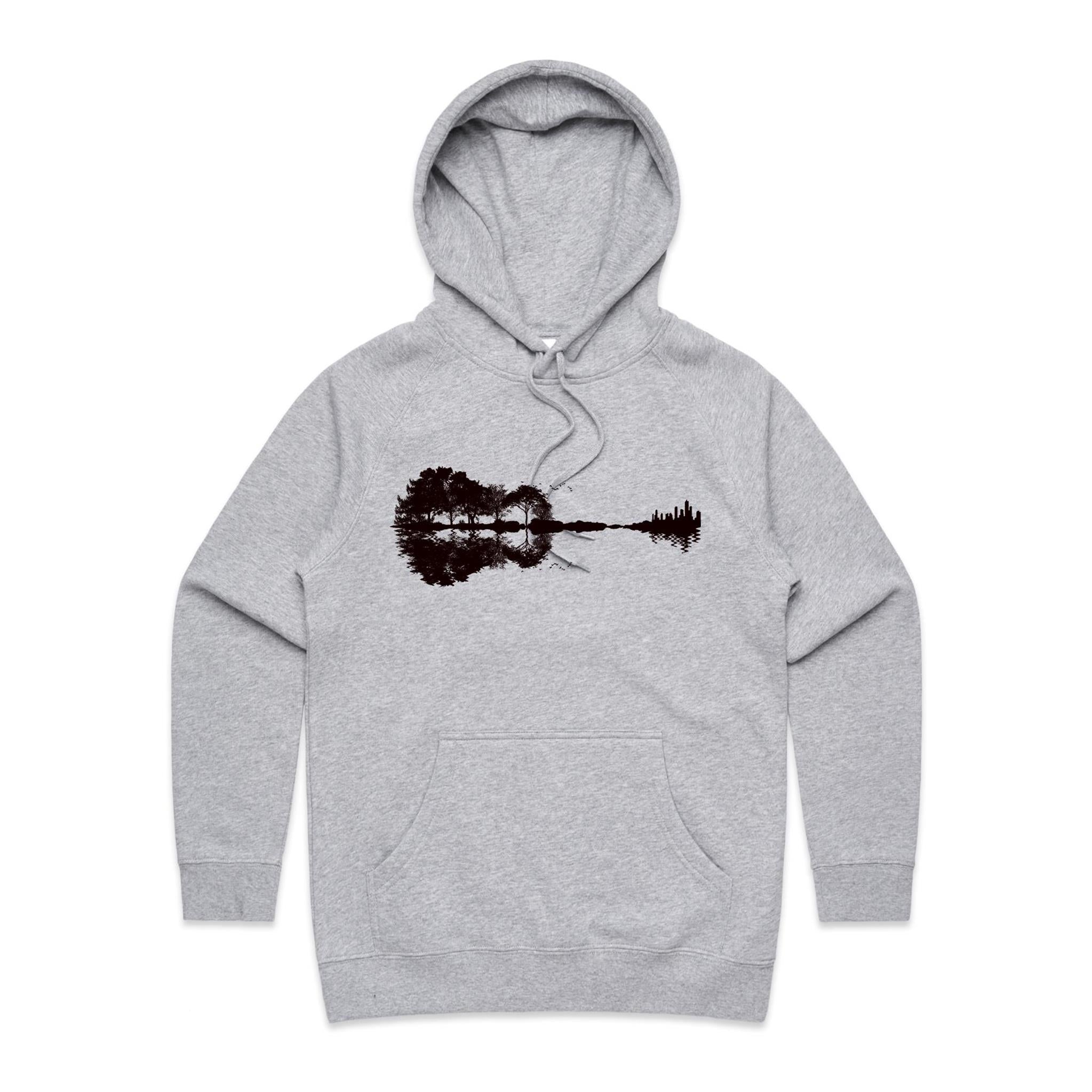 Guitar Reflection - Womens Hoodie Grey Marle Womens Hoodie Music Printed In Australia