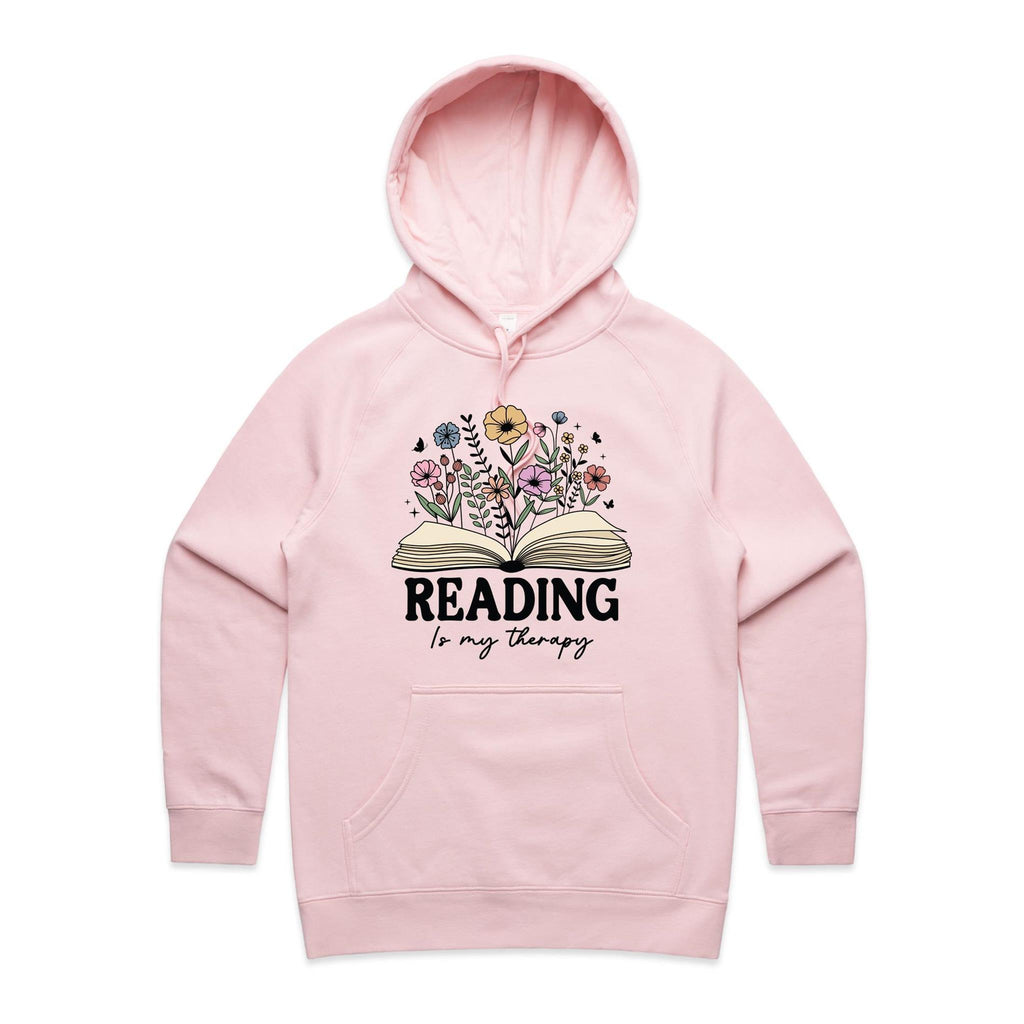 Reading Is My Therapy - Womens Hoodie Pink Womens Hoodie Printed In Australia Reading