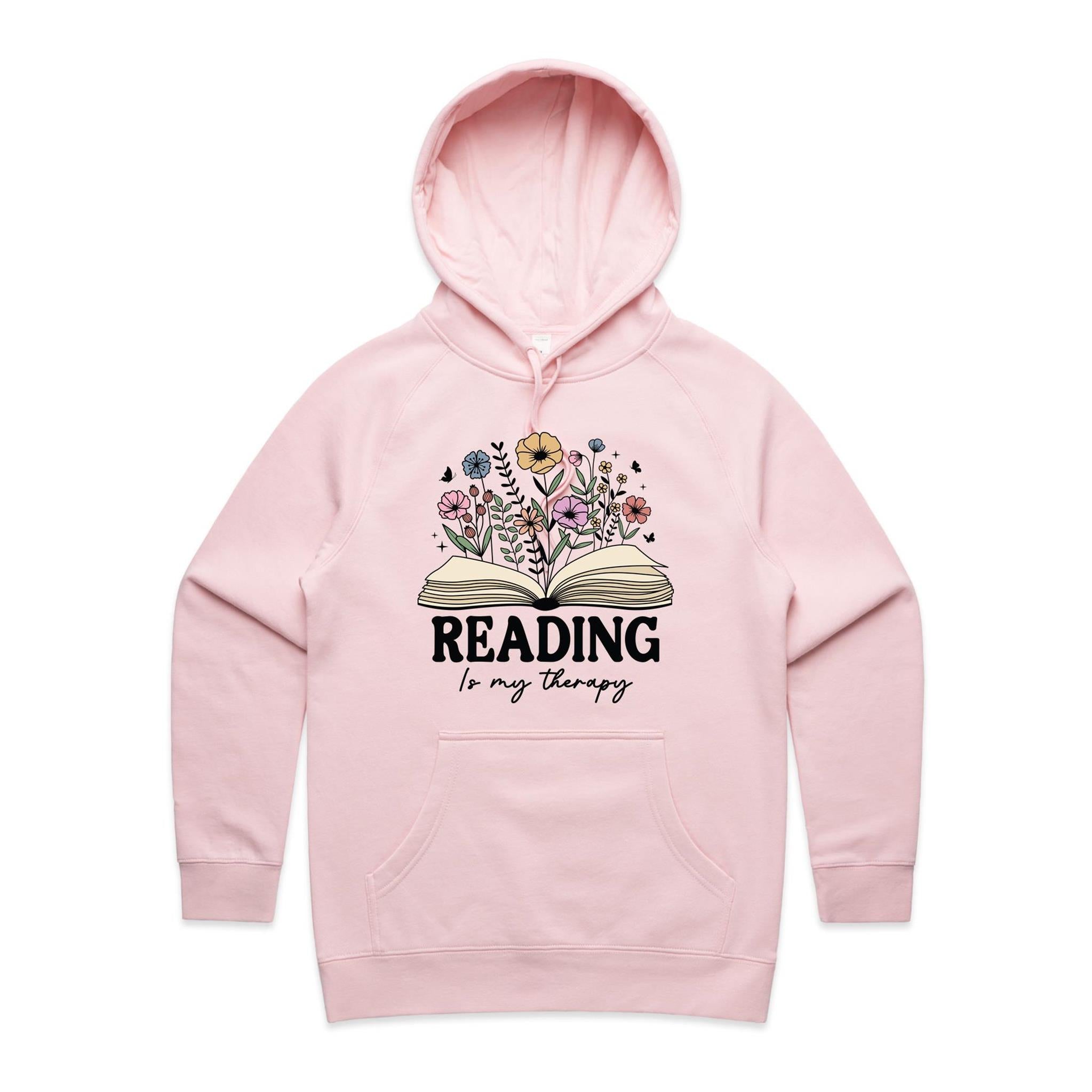 Reading Is My Therapy - Womens Hoodie Pink Womens Hoodie Printed In Australia Reading