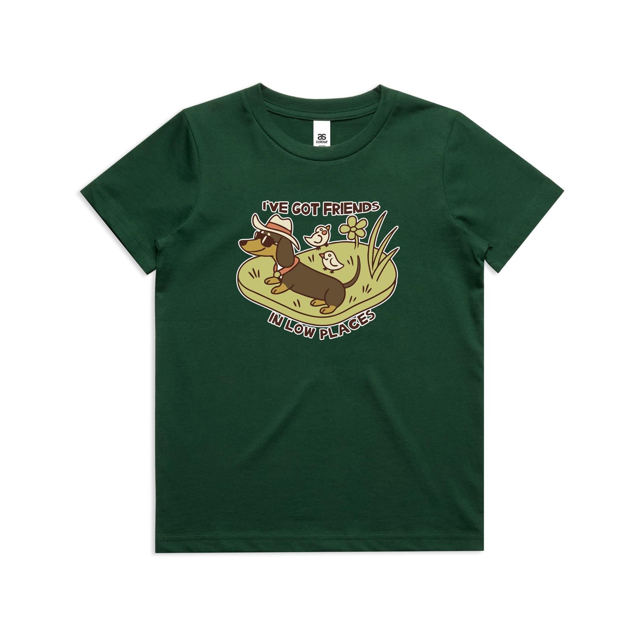 Dachshund, I've Got Friends In Low Places Kid's AS Colour T-shirt Forest Green Kids Youth T-shirt animal Printed In Australia