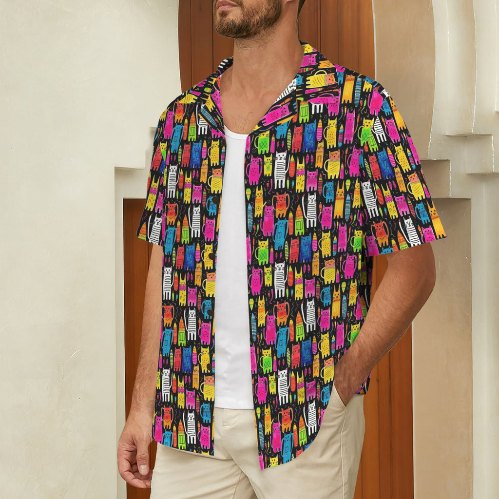 Colourful Cats Men's Short Sleeve Hawaiian Shirt Men's Hawaiian Shirt (New) animal Printed Offshore