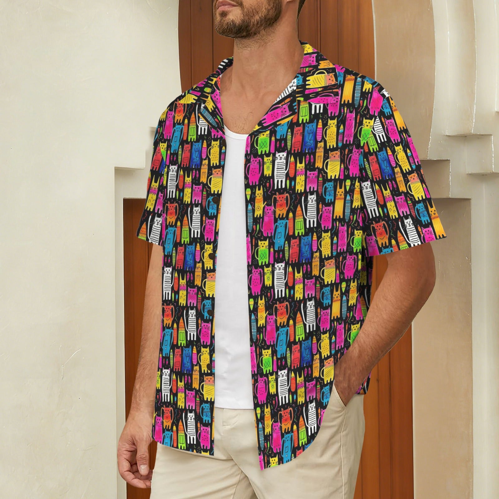 Colourful Cats Men's Short Sleeve Hawaiian Shirt Men's Hawaiian Shirt (New) animal Printed Offshore