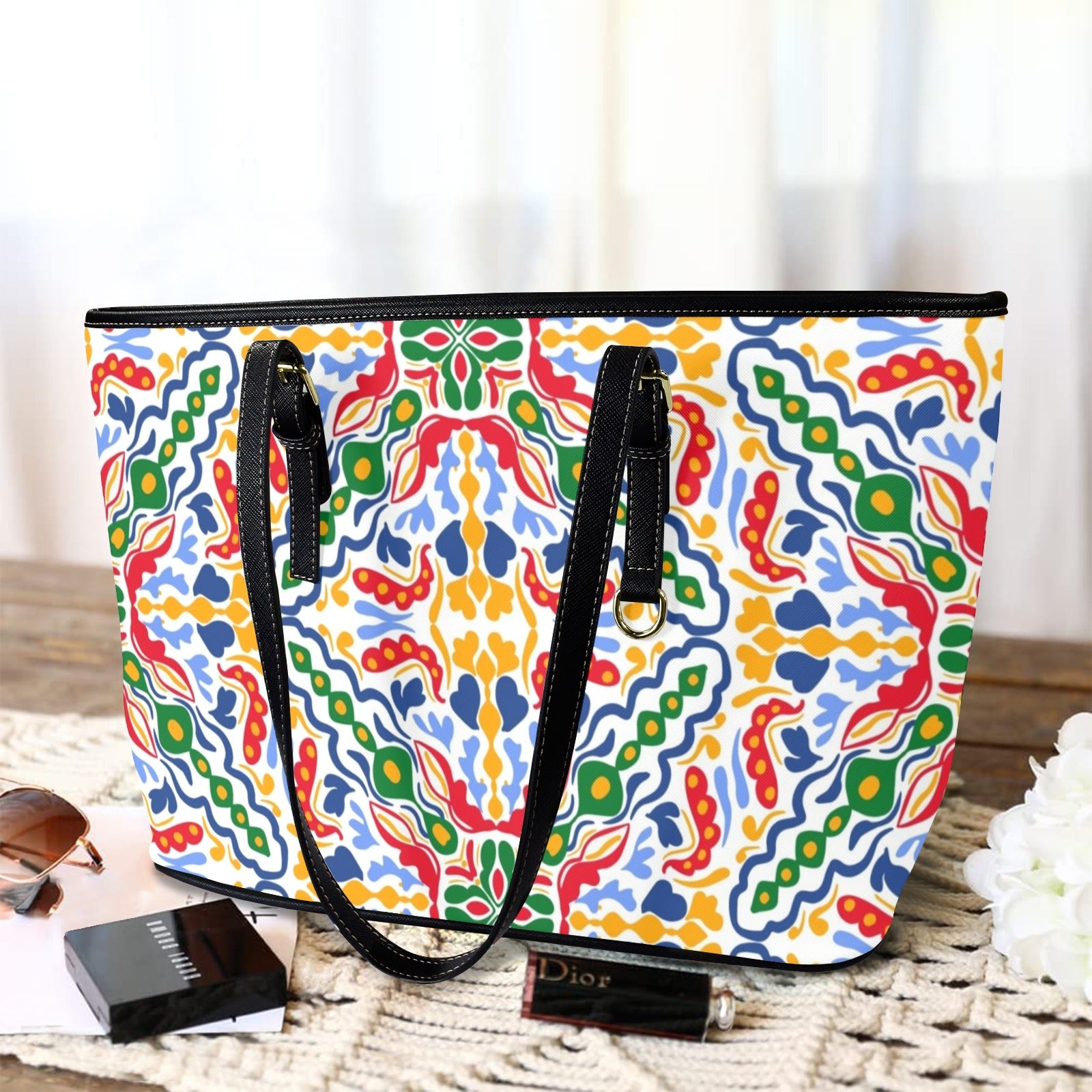 Bright Burst - Leather Tote Bag-Large