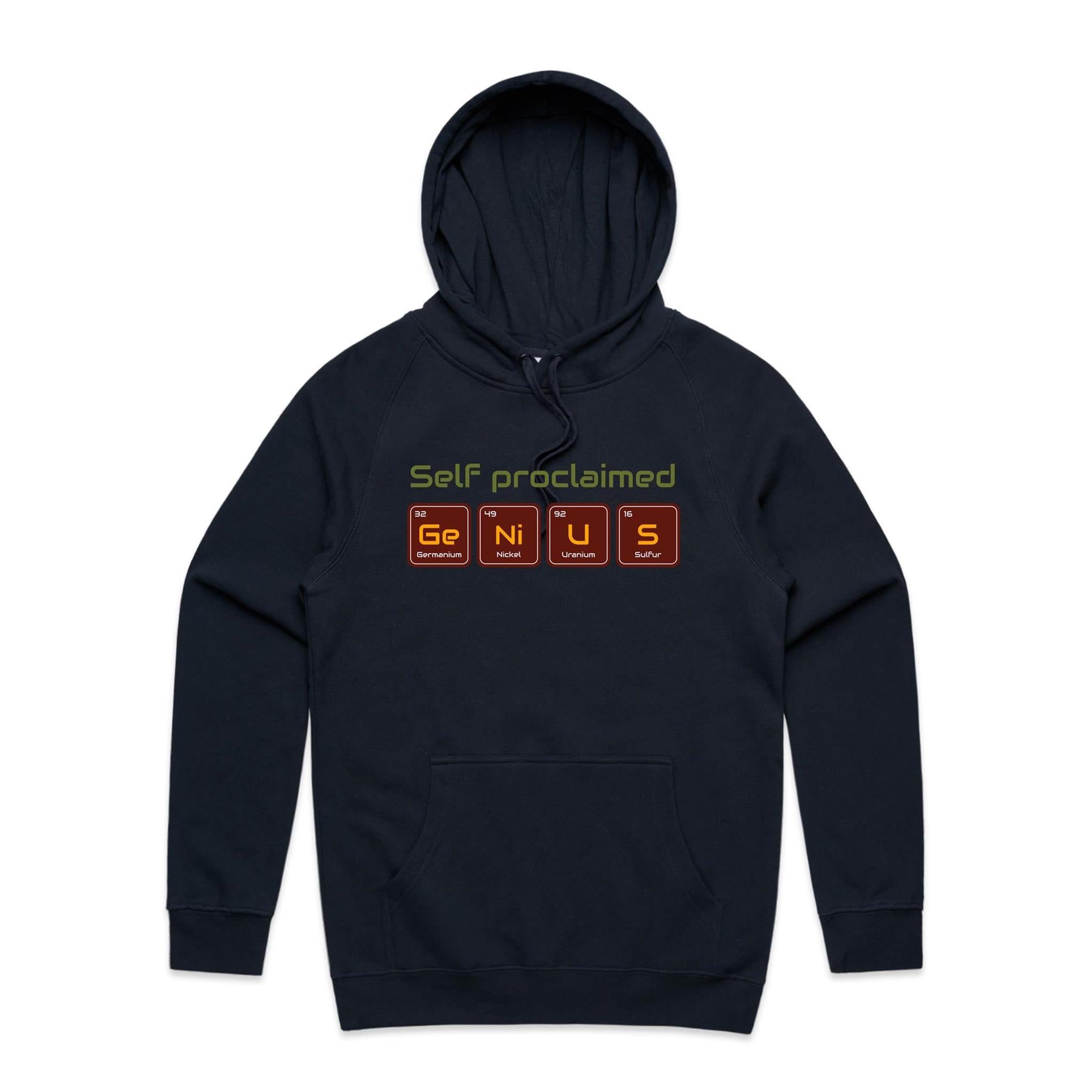 Self Proclaimed Genius - Mens Hoodie Navy Mens Hoodie Printed In Australia Science