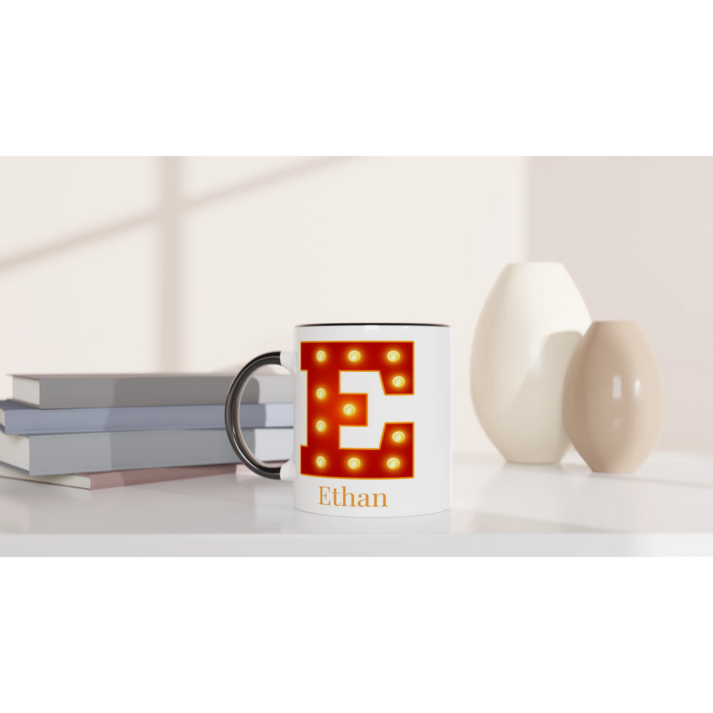 Personalised - Marquee Lights Initial - White 11oz Ceramic Mug with Color Inside Personalised 11oz Mug Customise Globally Fulfilled Personalise