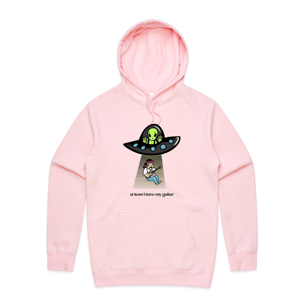 Guitarist Alien Abduction, At Least I Have My Guitar - Mens Hoodie Pink Mens Hoodie Music Printed In Australia Sci Fi