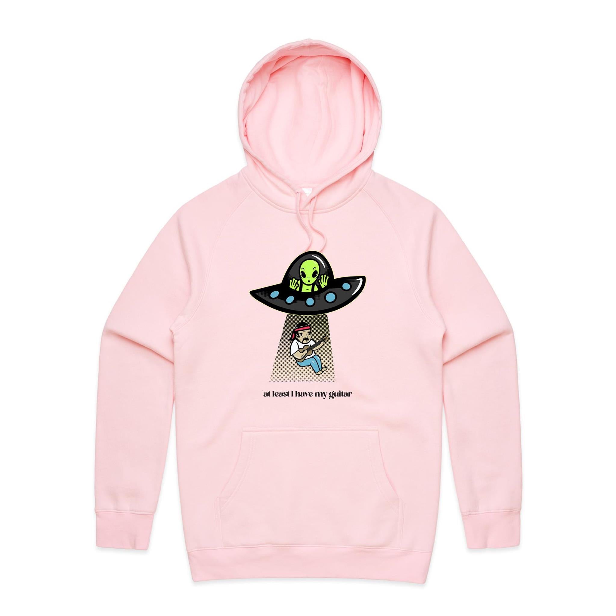Guitarist Alien Abduction, At Least I Have My Guitar - Mens Hoodie Pink Mens Hoodie Music Printed In Australia Sci Fi