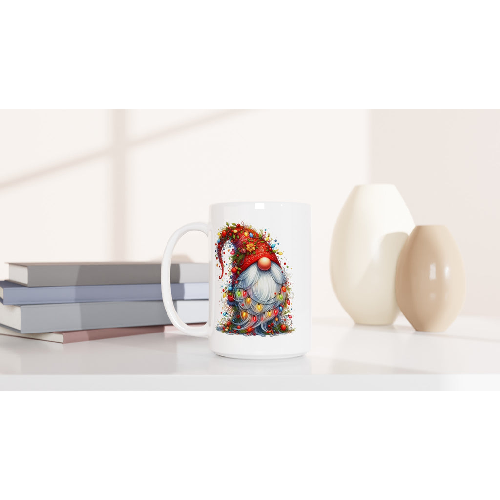Christmas Gnome Wrapped In Lights - White 15oz Ceramic Mug Christmas 15oz Mug Christmas Globally Fulfilled