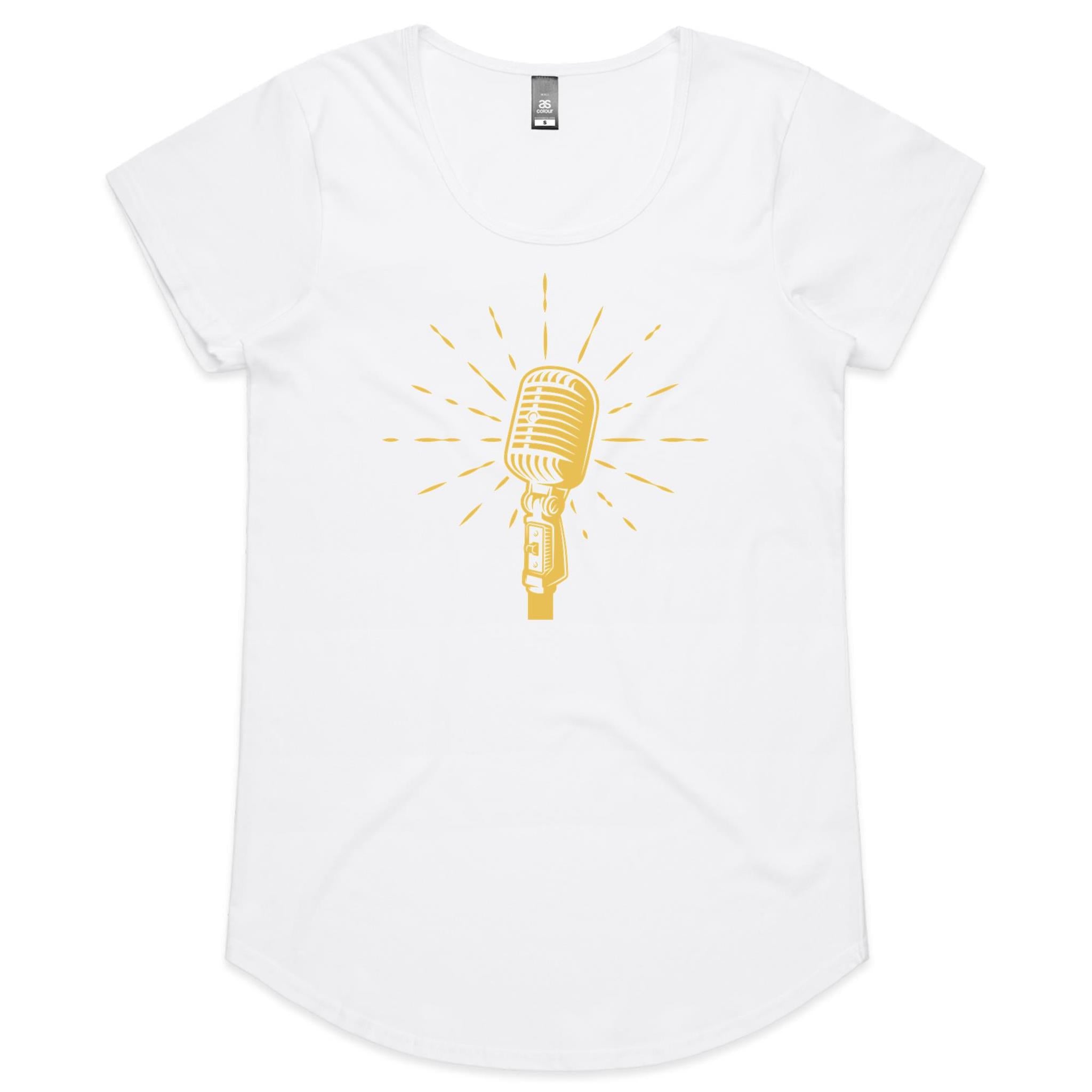 Retro Microphone - Womens Scoop Neck T-Shirt White Womens Scoop Neck T-shirt Music Printed In Australia Retro