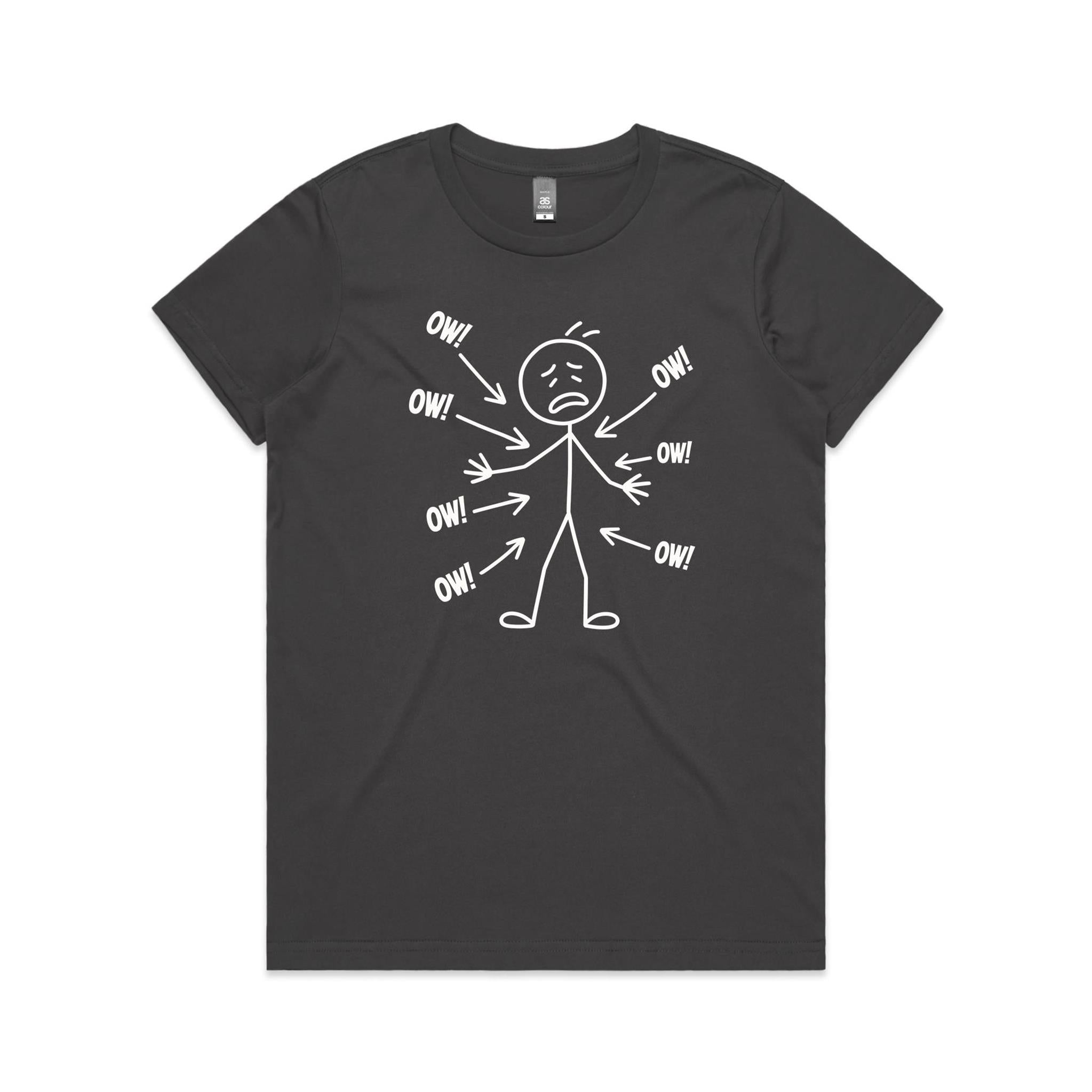 Ow! Everything Hurts Stick Figure Women's AS Colour T-shirt Charcoal Womens T-shirt Printed In Australia