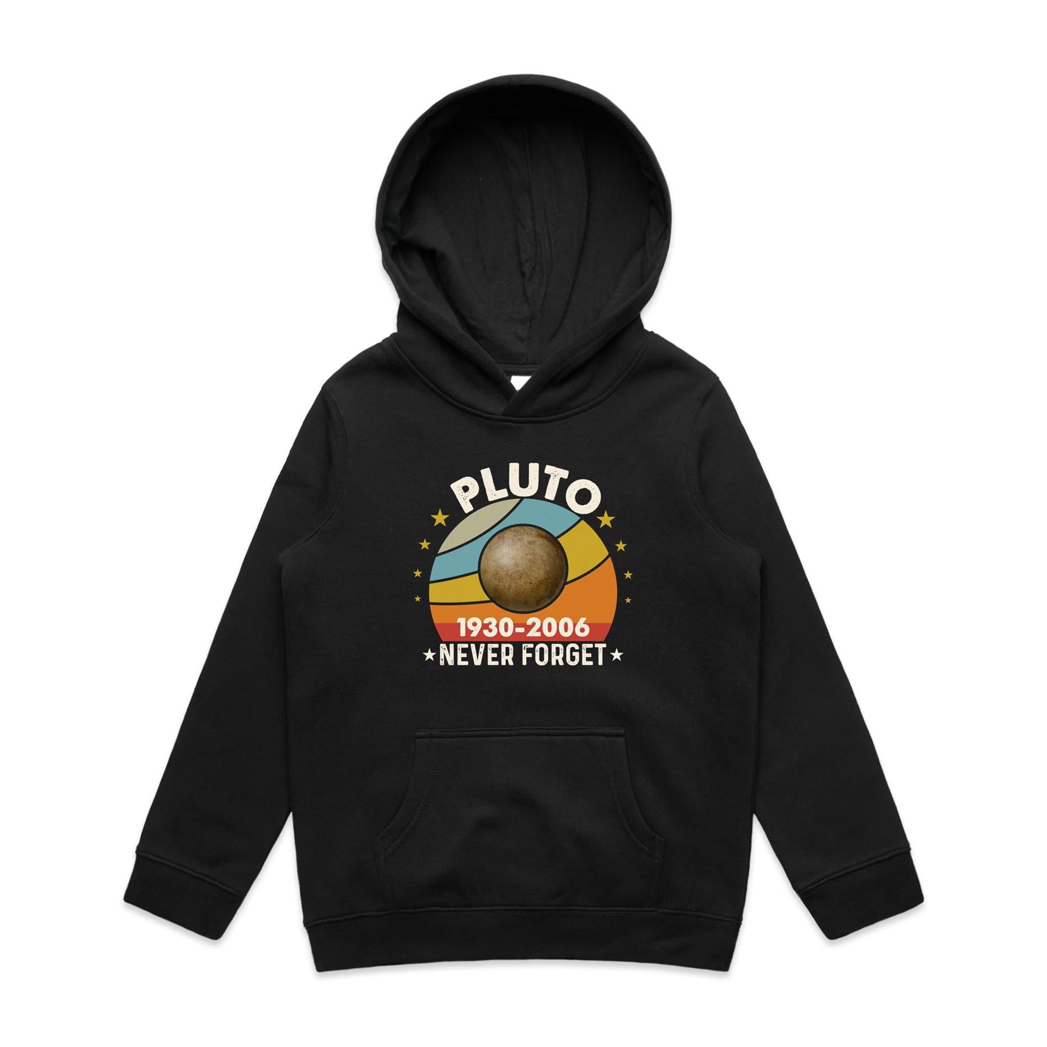 Never Forget Pluto - Kids Hoodie Black Kids Hoodie Printed In Australia Space