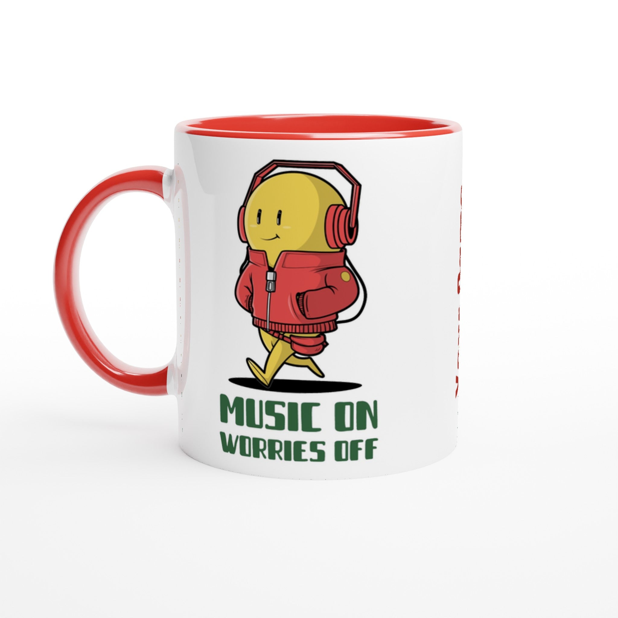 Personalised - Music On, Worries Off - White 11oz Ceramic Mug with Colour Inside Ceramic Red Personalised 11oz Mug customise Globally Fulfilled Music personalise