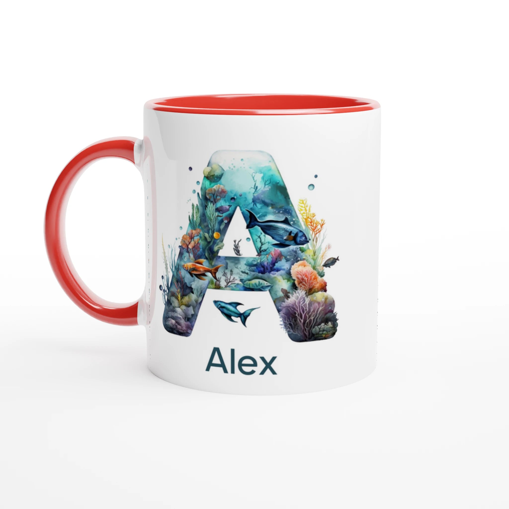 Coral Sea Initial - 11oz Ceramic Mug Ceramic Red Personalised 11oz Mug customise Globally Fulfilled Initial Name Ocean personalise