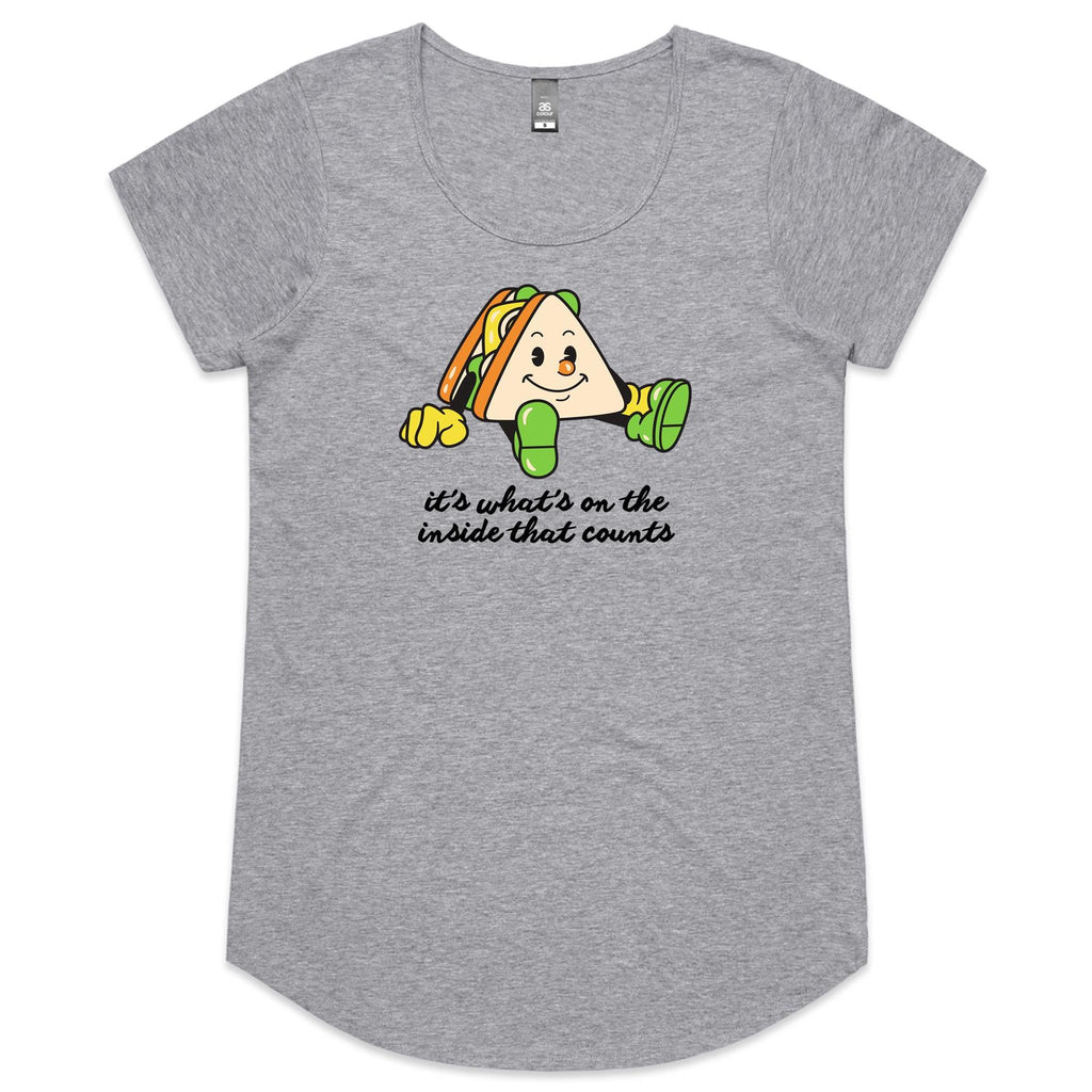 Sandwich, It's What's On The Inside That Counts - Womens Scoop Neck T-Shirt Grey Marle Womens Scoop Neck T-shirt Food Positivity Printed In Australia