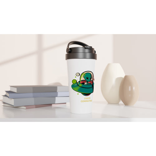 Alien Commute - White 15oz Stainless Steel Travel Mug Travel Mug Globally Fulfilled Sci Fi