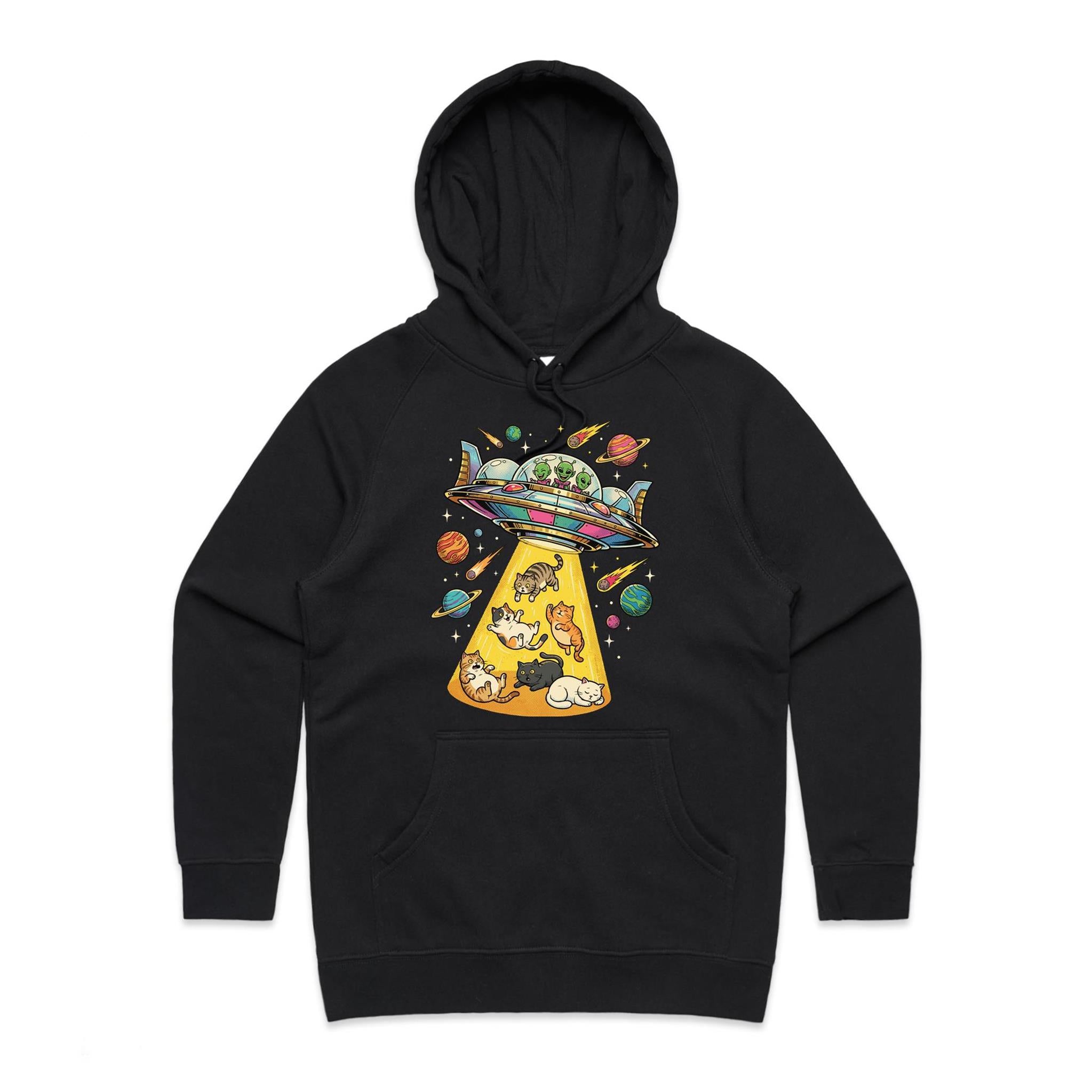UFO Cat Abduction Women's AS Colour Hoodie Black Womens Hoodie animal Printed In Australia Sci Fi