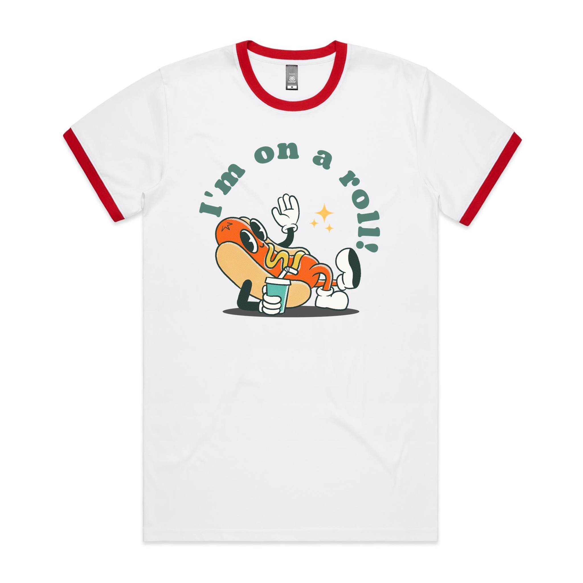 Hotdog, I'm On A Roll - Staple Ringer Tee White Red Ringer T-Shirt Food Printed In Australia