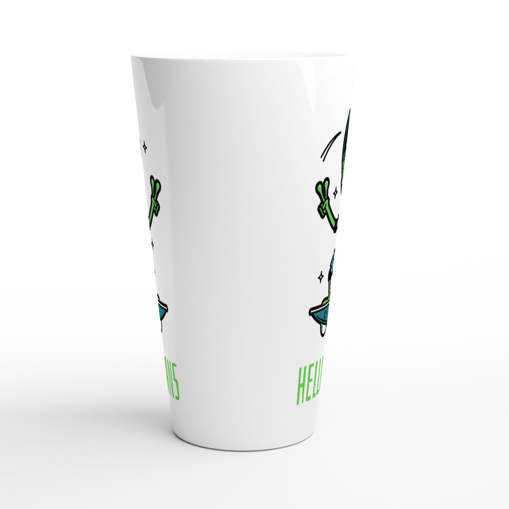 Hello Humans, Alien Skateboard - White Latte 17oz Ceramic Mug Latte Mug Globally Fulfilled Sci Fi