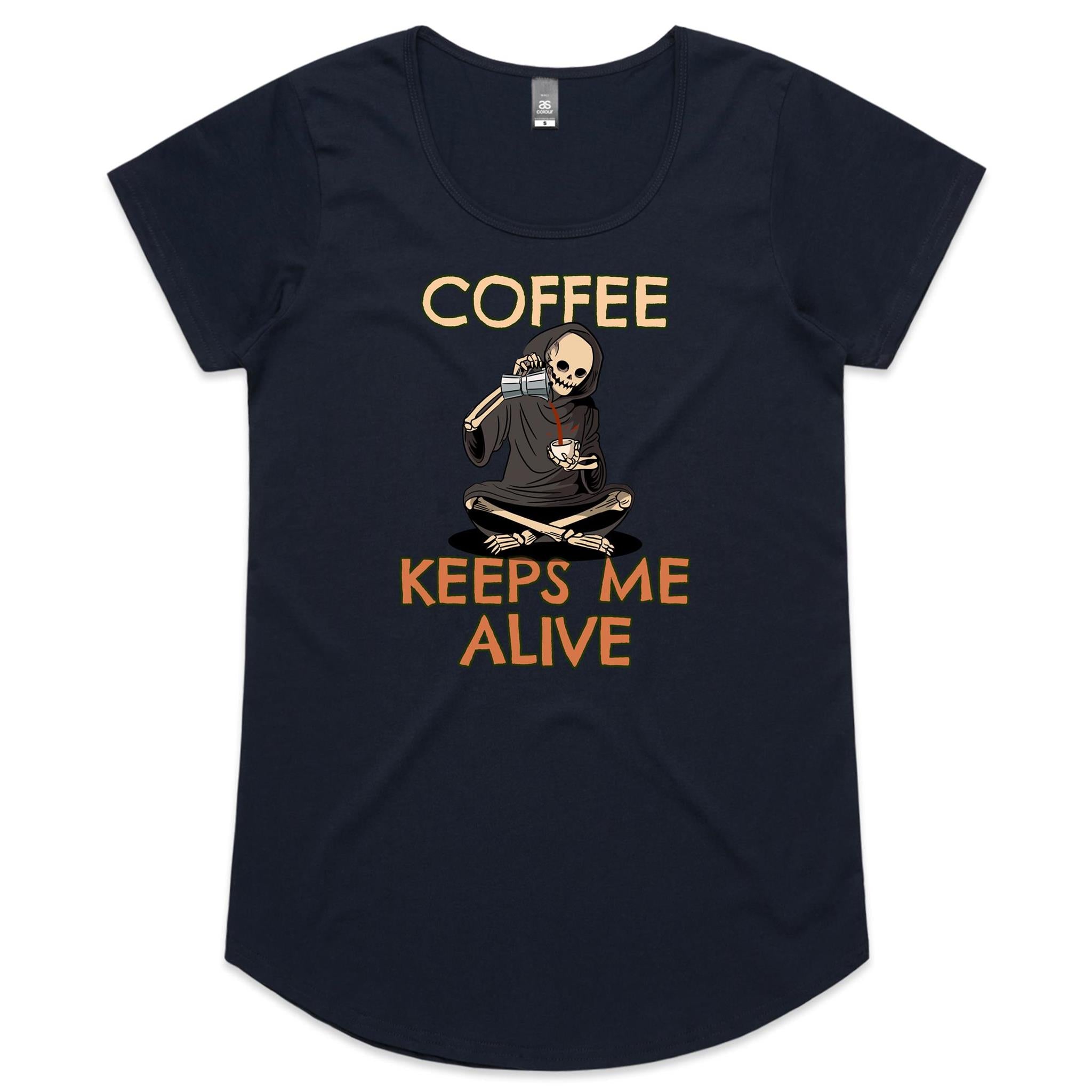 Coffee Keeps Me Alive - Womens Scoop Neck T-Shirt Navy Womens Scoop Neck T-shirt Coffee Printed In Australia