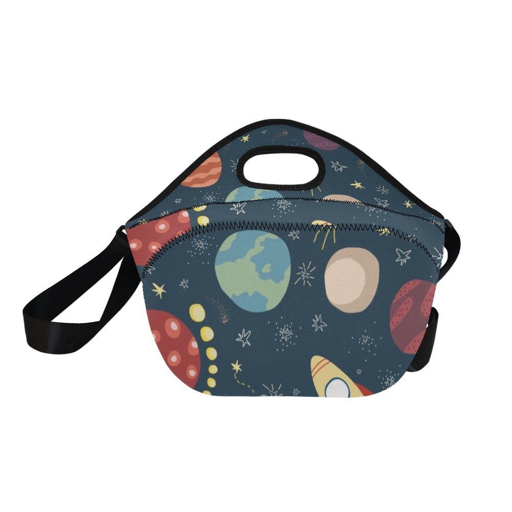 Rocket and Planets In Space - Neoprene Lunch Bag Neoprene Lunch Bag Printed Offshore