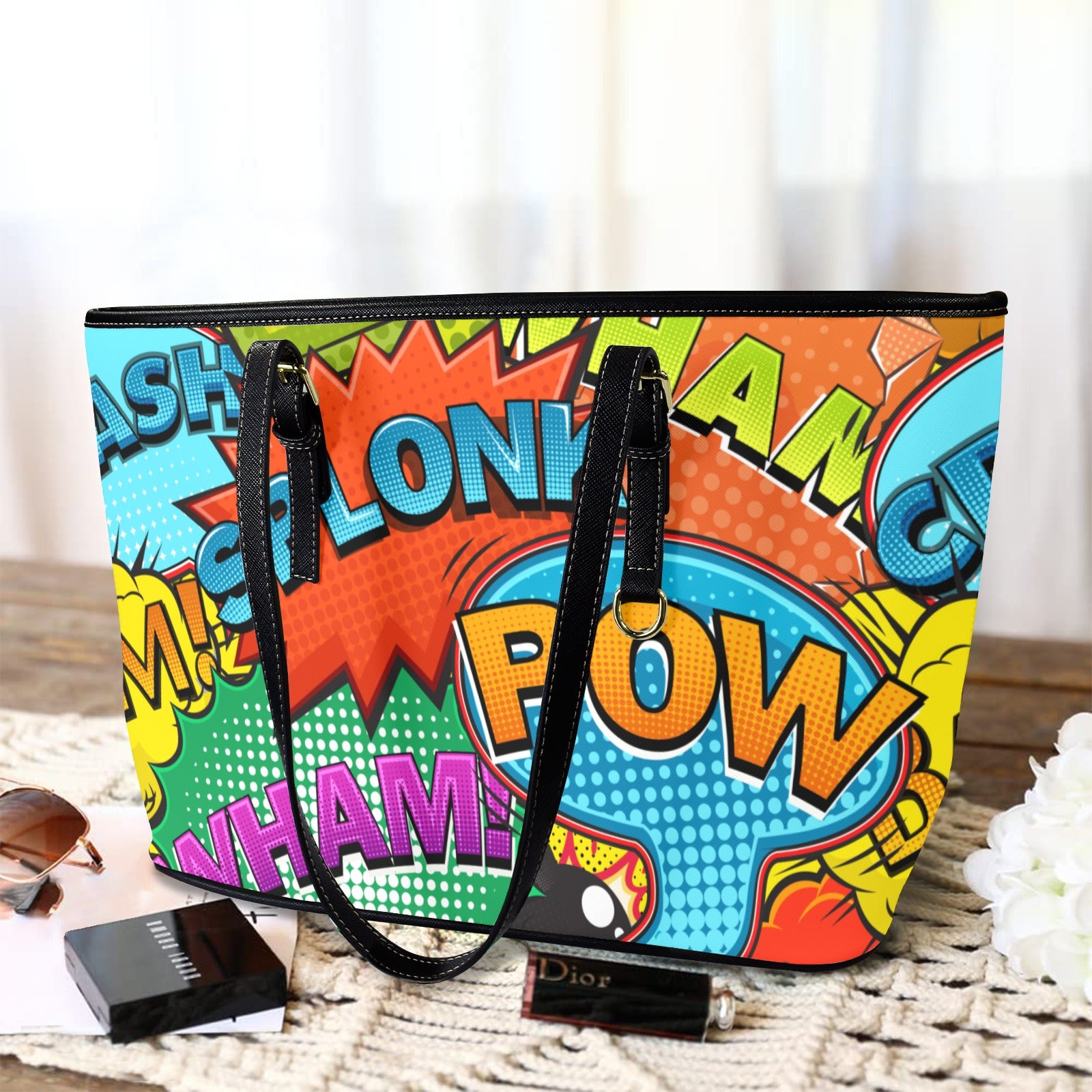 Comic Book 2 - Leather Tote Bag-Large