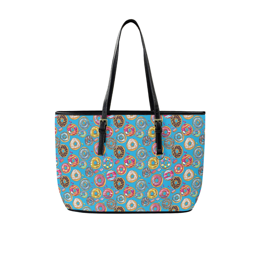 Doughnuts On Blue PU Leather Tote Bag Large One Size Leather Tote Bag-Large Food Printed Offshore