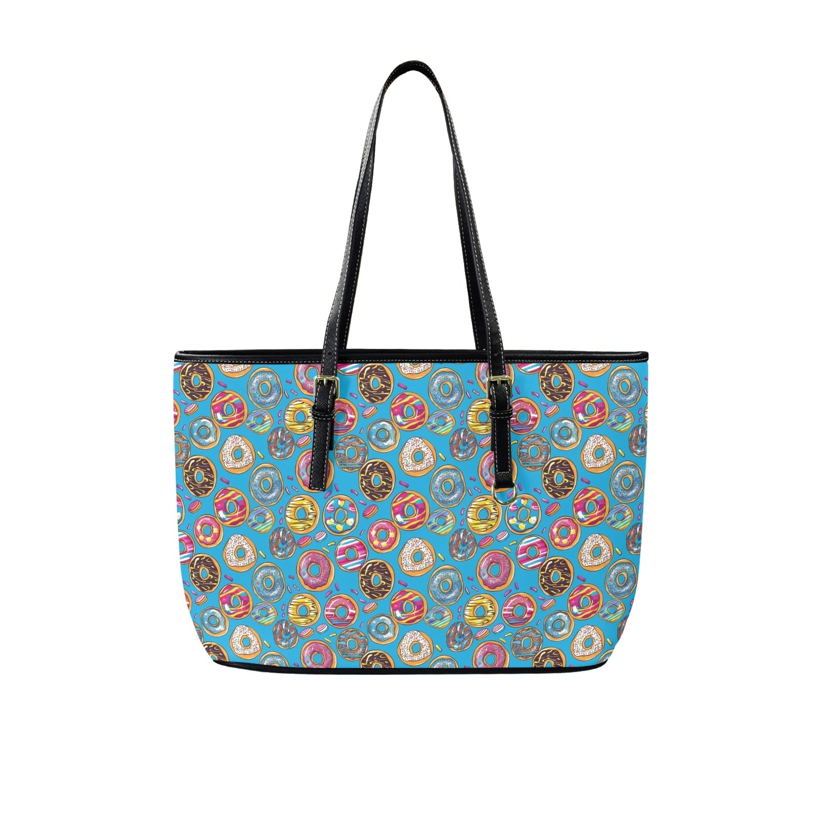 Doughnuts On Blue PU Leather Tote Bag Large One Size Leather Tote Bag-Large Food Printed Offshore