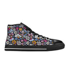 Graphic Flowers On Black Kids High Top Canvas Shoes
