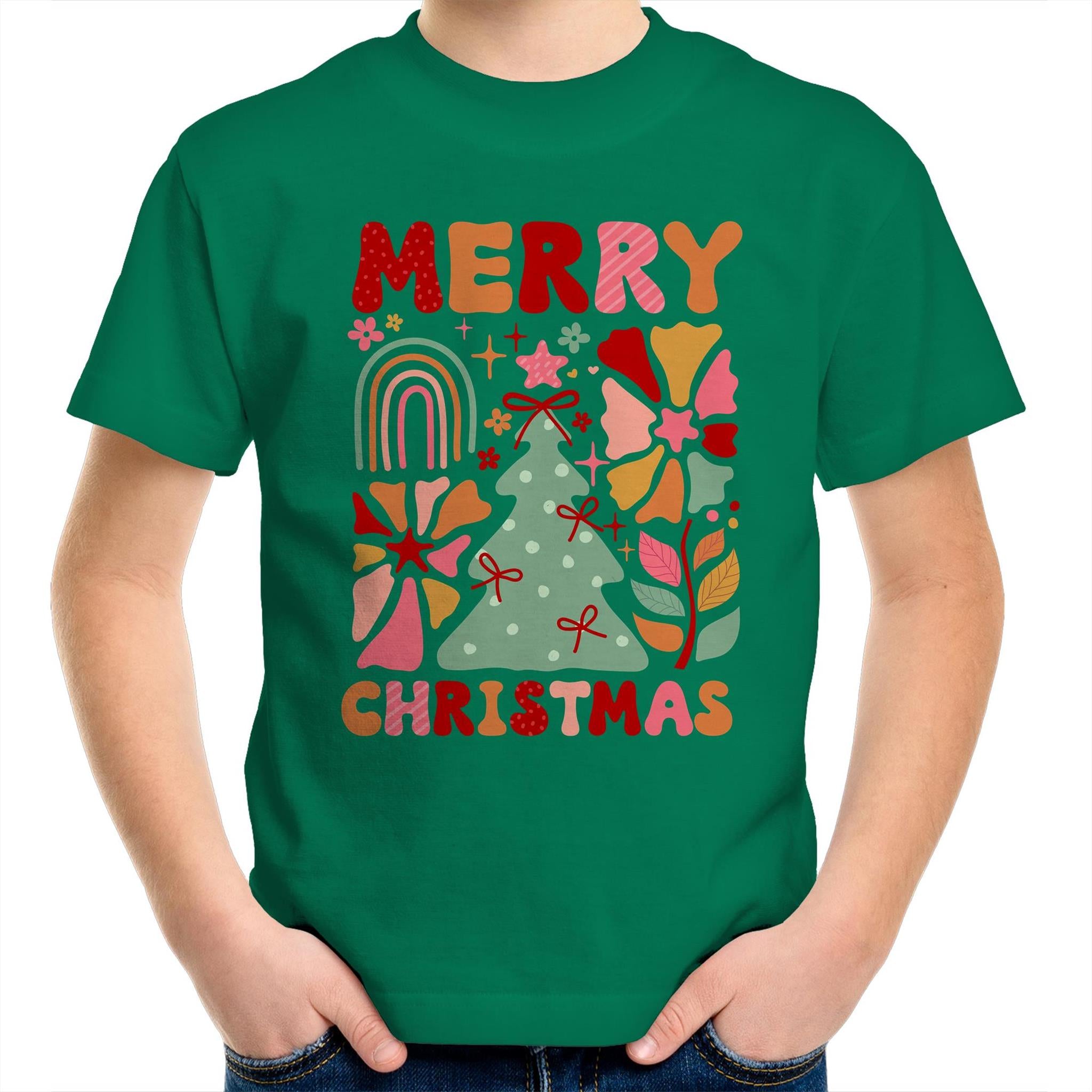 Merry Christmas - Kids Youth T-Shirt Kelly Green Kids Christmas T-shirt Christmas Printed In Australia