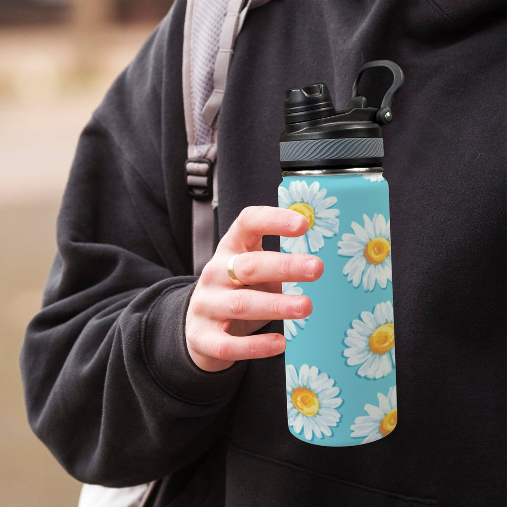 Daisies On Blue - Insulated Water Bottle with Dual-Use Lid (18oz) Insulated Water Bottle with Dual-Use Lid (18oz) Plants Printed Offshore