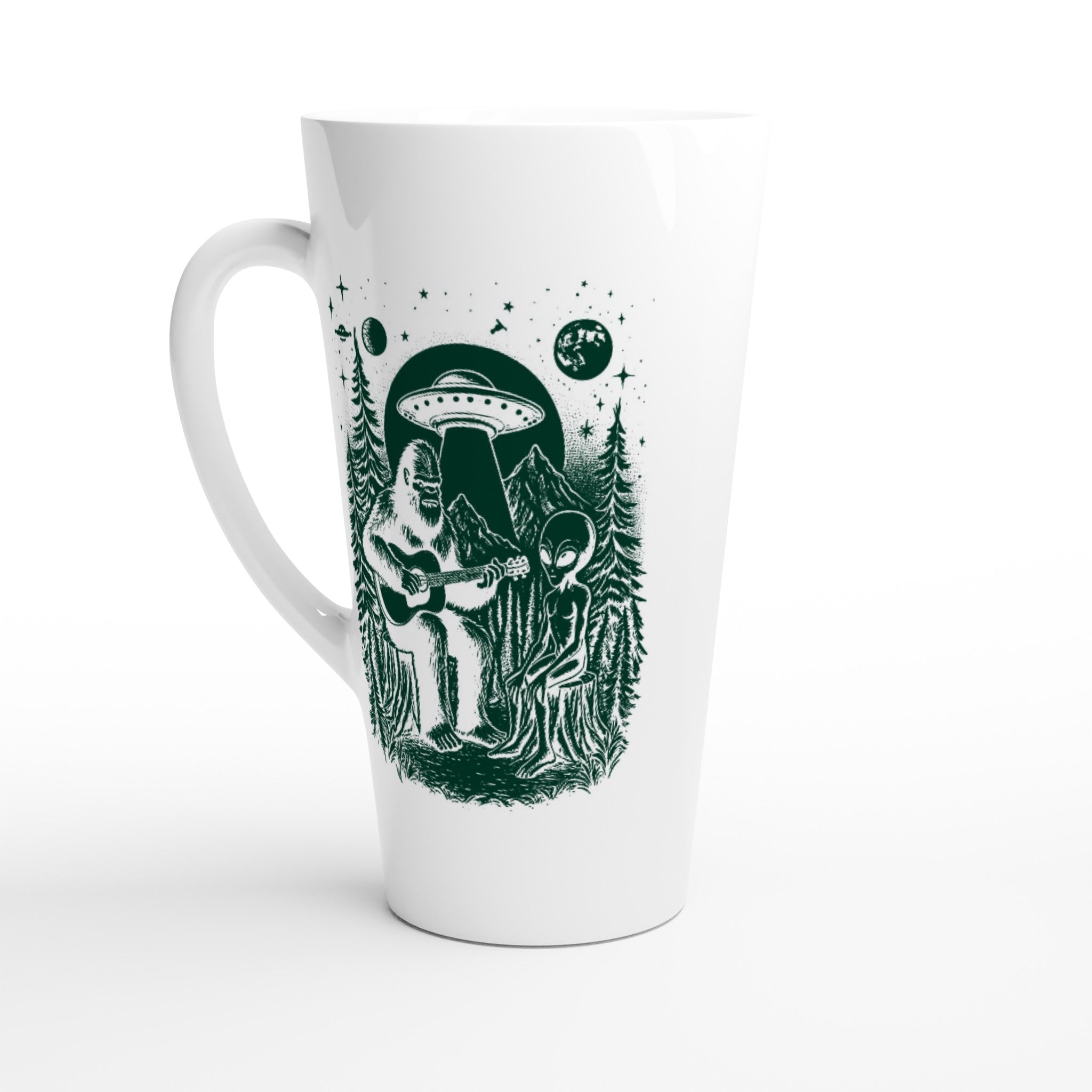 Alien And Bigfoot Play Guitar - White Latte 17oz Ceramic Mug Default Title Latte Mug Globally Fulfilled Music Sci Fi