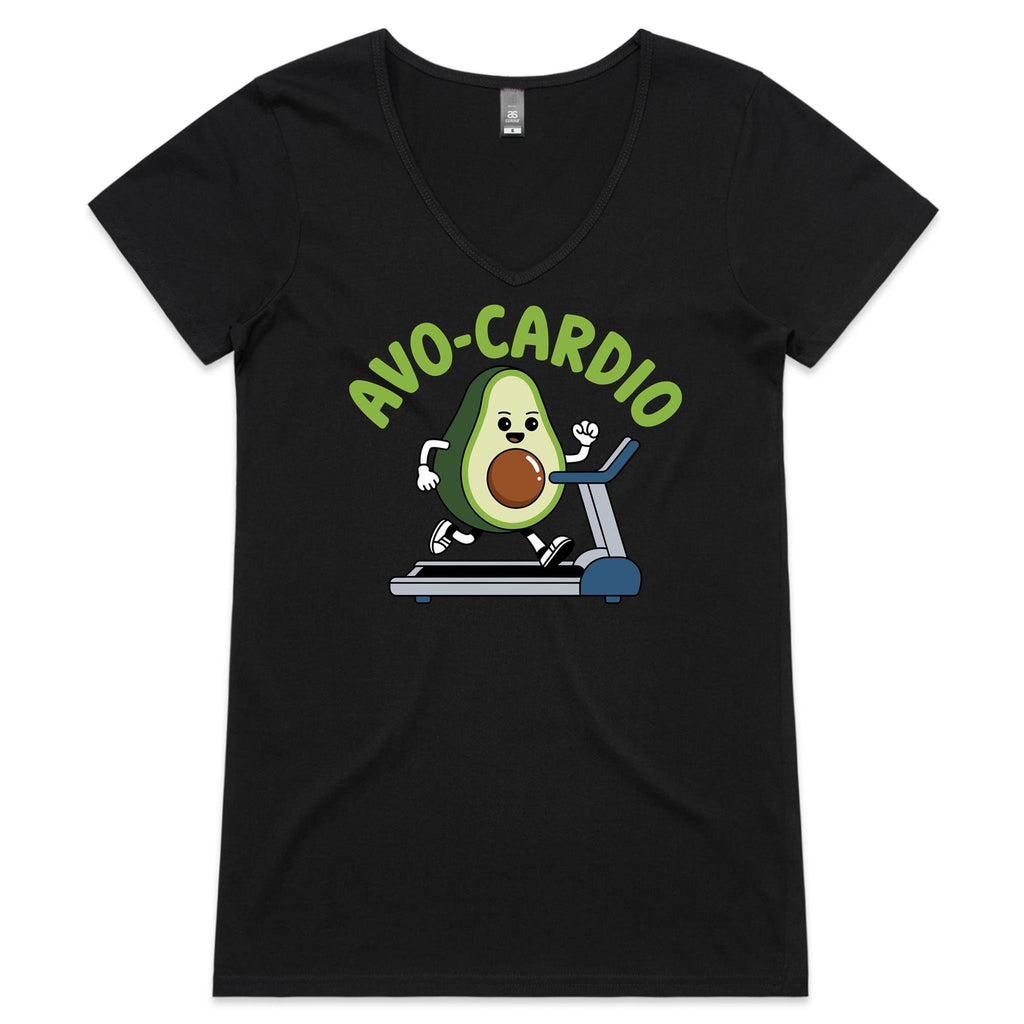 Avo-Cardio, Avocado On A Treadmill - Womens V-Neck T-Shirt Black Womens Active V-Neck T-shirt Fitness Printed In Australia