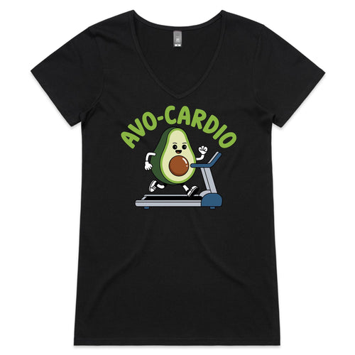 Avo-Cardio, Avocado On A Treadmill - Womens V-Neck T-Shirt Black Womens Active V-Neck T-shirt Fitness Printed In Australia