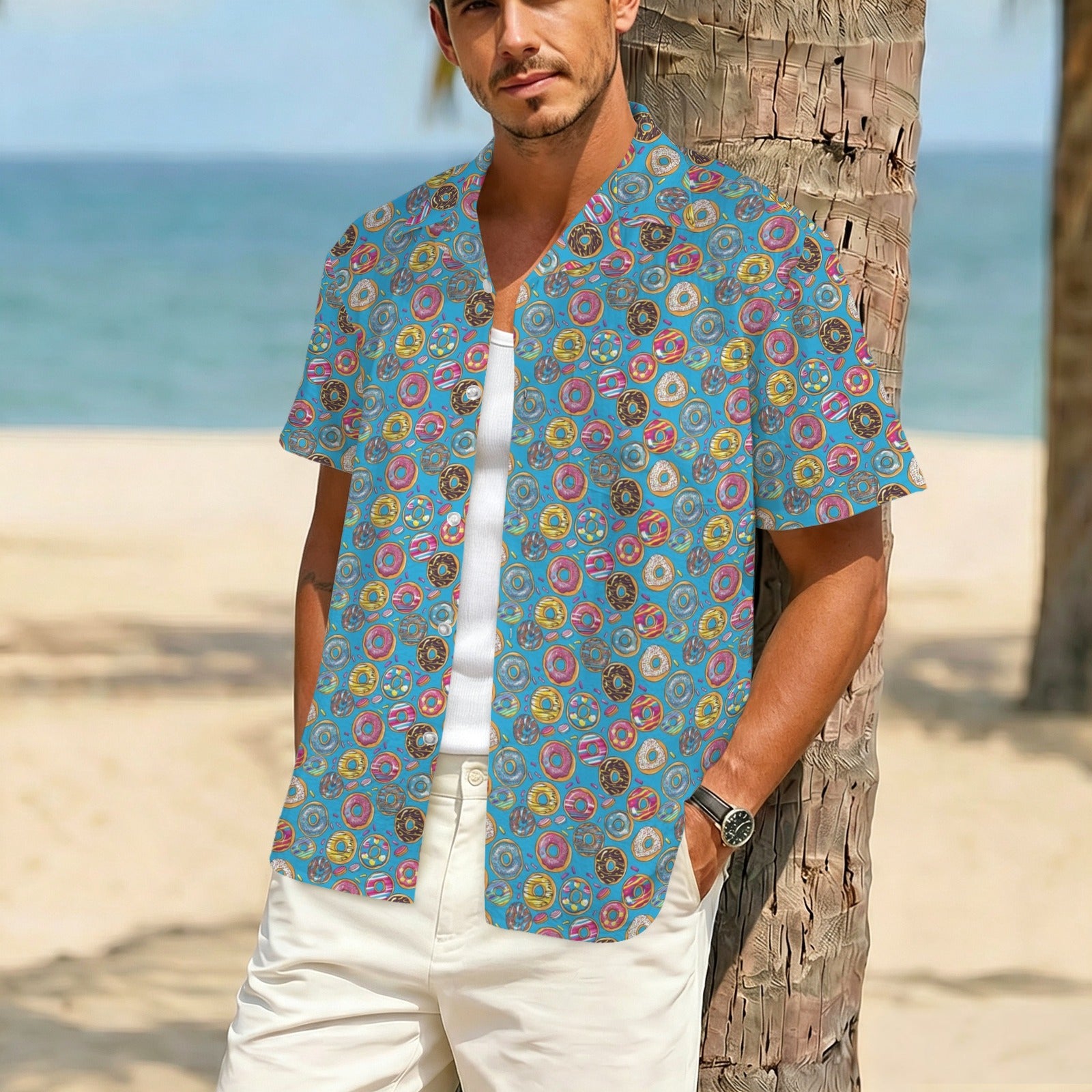 Doughnuts On Blue Men's Crinkle Hawaiian Shirt