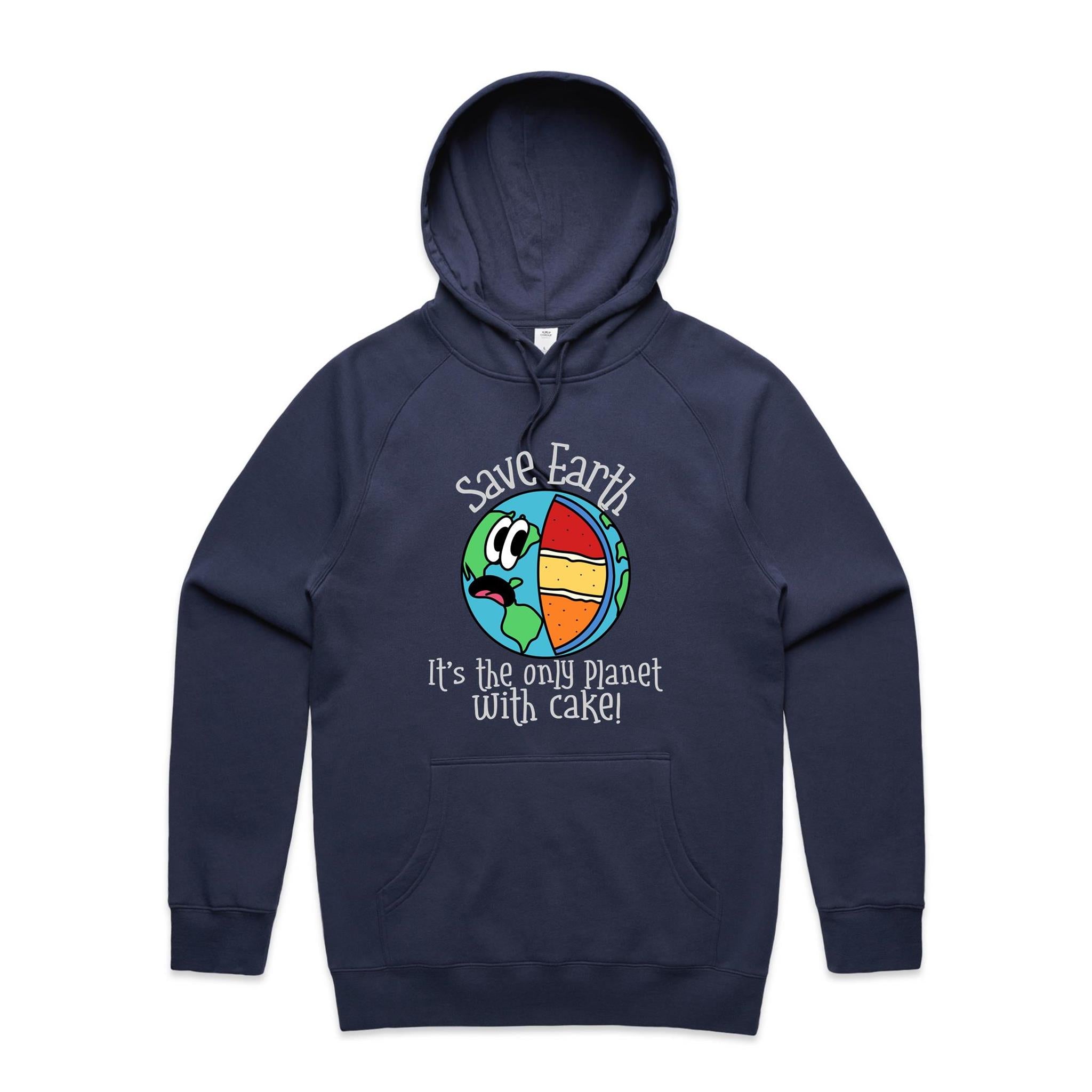 Save Earth, Its The Only Planet With Cake - Mens Hoodie Midnight Blue Mens Hoodie Environment Food Printed In Australia