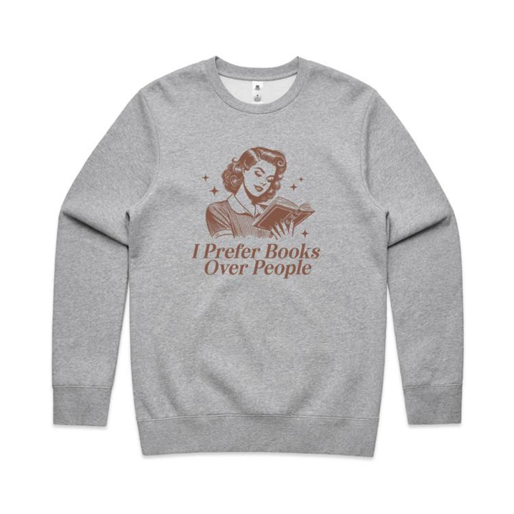 I Prefer Books Over People - AS Colour Stencil Crew Grey Marle Sweatshirt Printed In Australia Reading