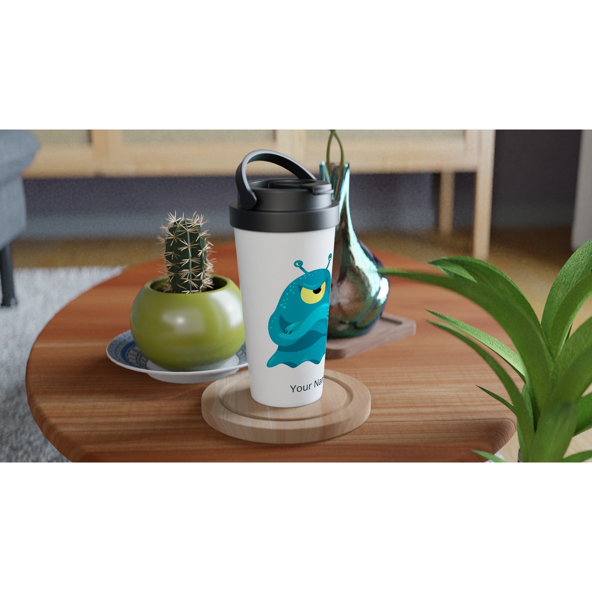 Personalised - Blue Monster - White 15oz Stainless Steel Travel Mug Personalised Travel Mug coffee funny Globally Fulfilled