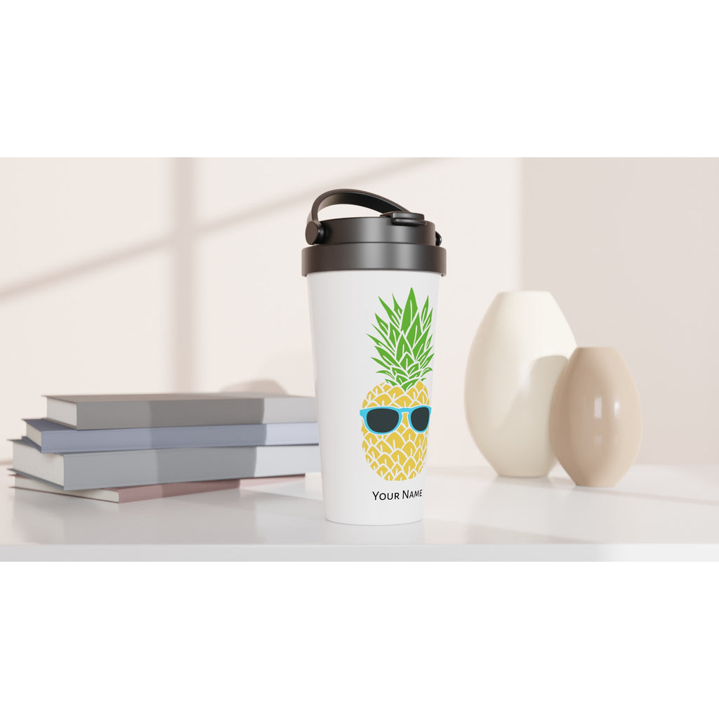 Personalised - Pineapple With Glasses - White 15oz Stainless Steel Travel Mug Personalised Travel Mug customise Food Globally Fulfilled personalise