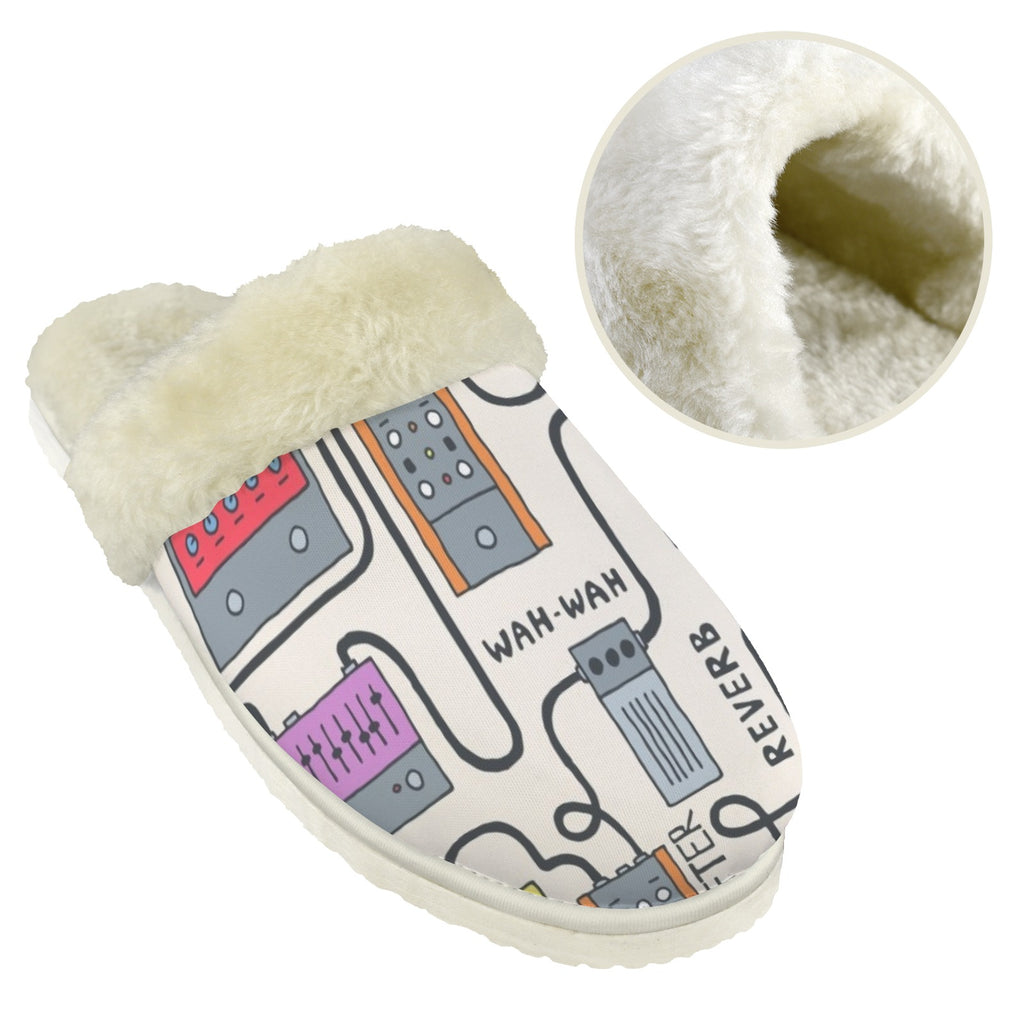 Wah Pedal Women's Fur Trim Thick-Sole Indoor Slippers Women's Fur Trimmed Slippers Music Printed Offshore