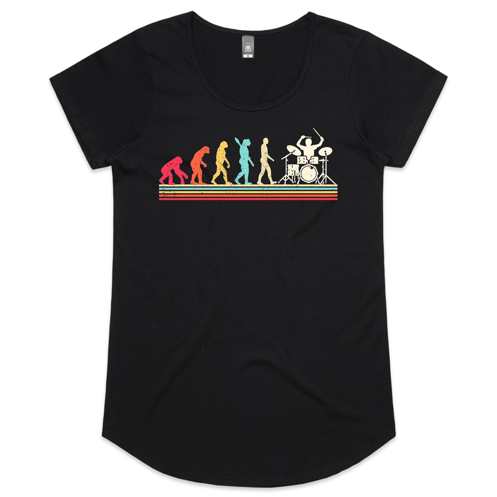 Drummer Evolution - Womens Scoop Neck T-Shirt Black Womens Scoop Neck T-shirt Music Printed In Australia