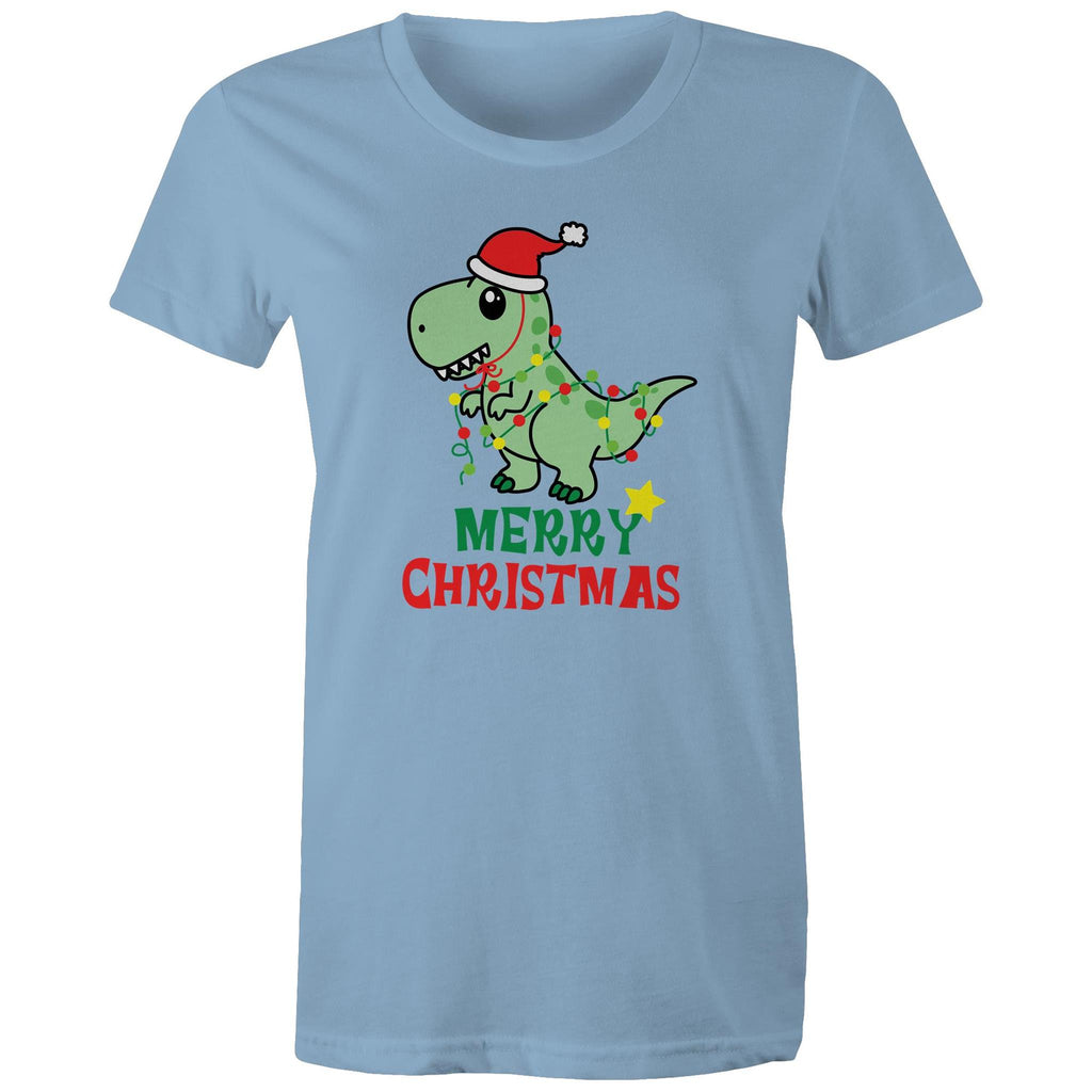 Dinosaur Santa, Merry Christmas - Womens T-shirt Carolina Blue Womens Christmas T-shirt Christmas Printed In Australia