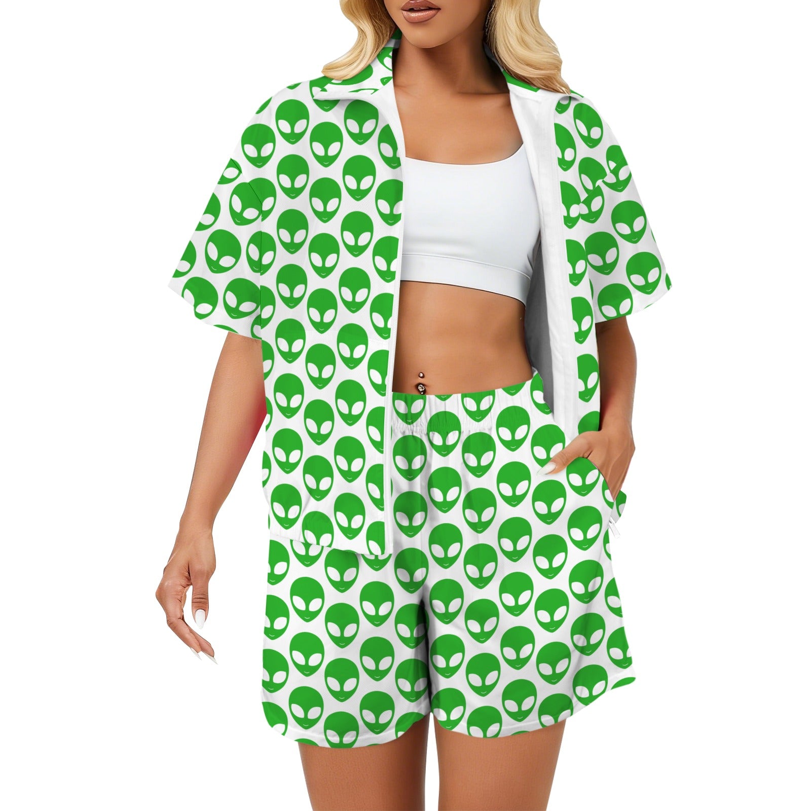 Aliens On White Women's Windbreaker Short Set 2XL Women's Windbreaker Short Set Printed Offshore Sci Fi