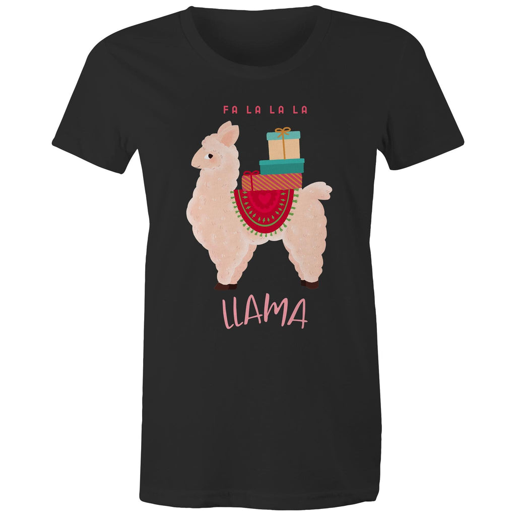 Fa La La La Llama, Christmas - Womens T-shirt Black Womens Christmas T-shirt Christmas Printed In Australia