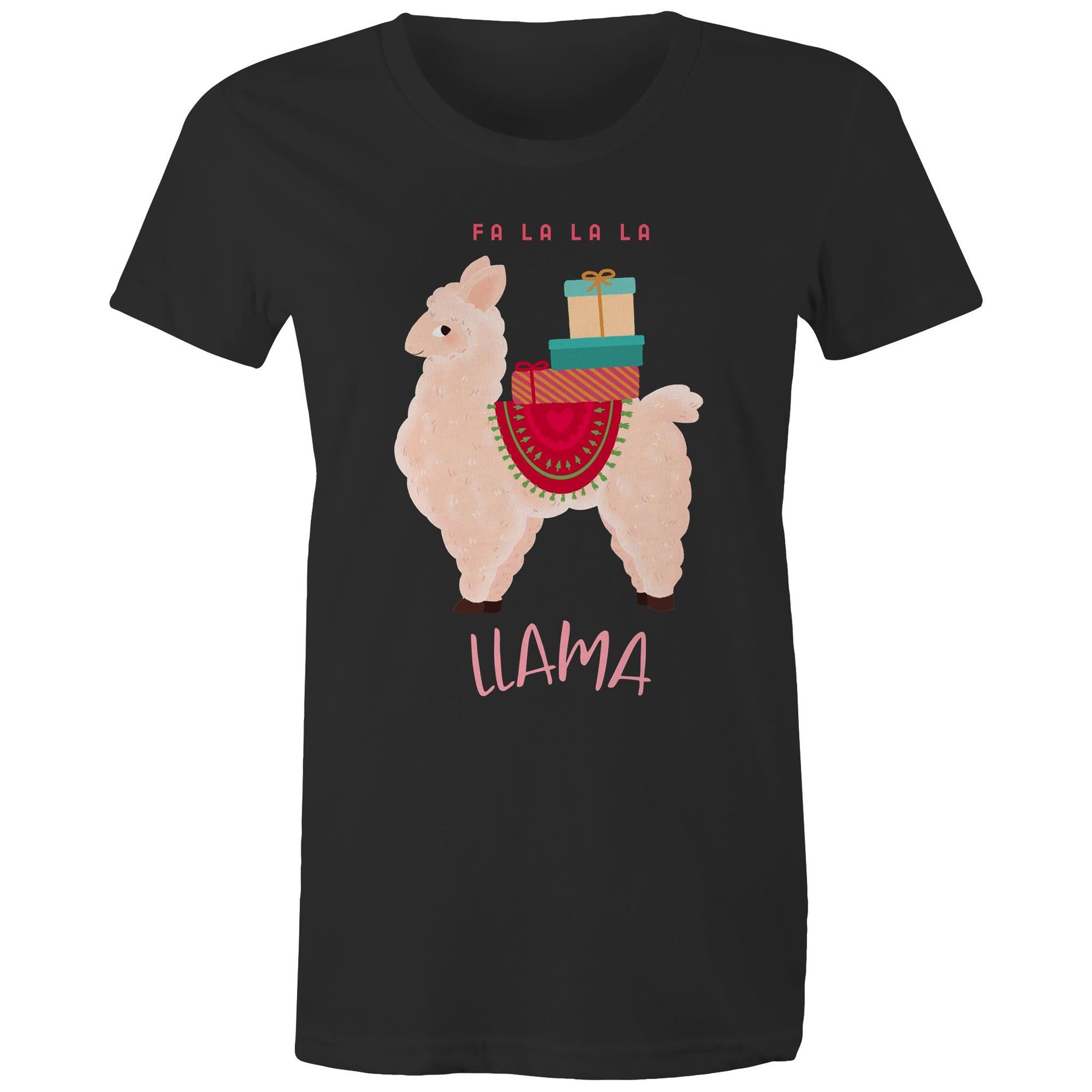 Fa La La La Llama, Christmas - Womens T-shirt Black Womens Christmas T-shirt Christmas Printed In Australia
