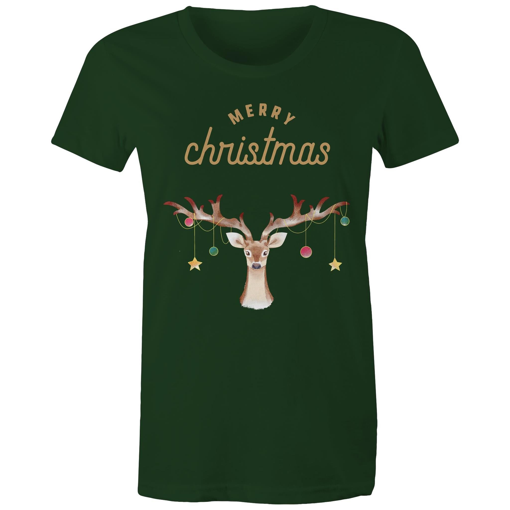 Merry Christmas Reindeer - Womens T-shirt Forest Green Womens Christmas T-shirt Christmas Printed In Australia