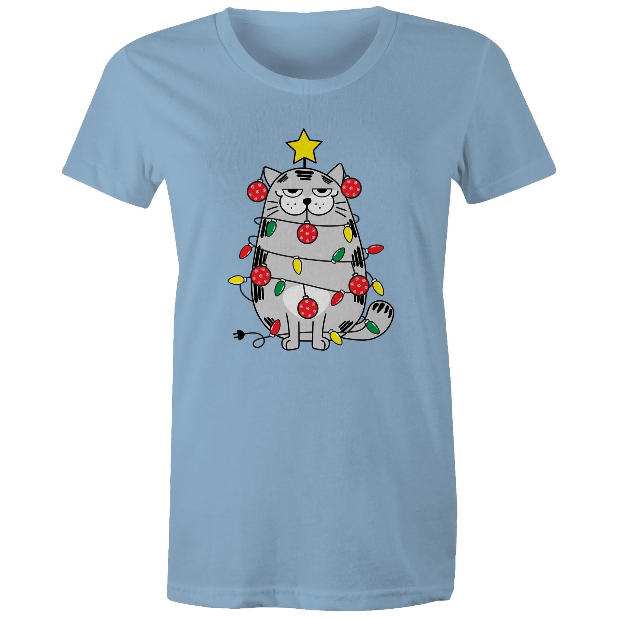 Cat Christmas Lights - Womens T-shirt Carolina Blue Womens Christmas T-shirt Christmas Printed In Australia