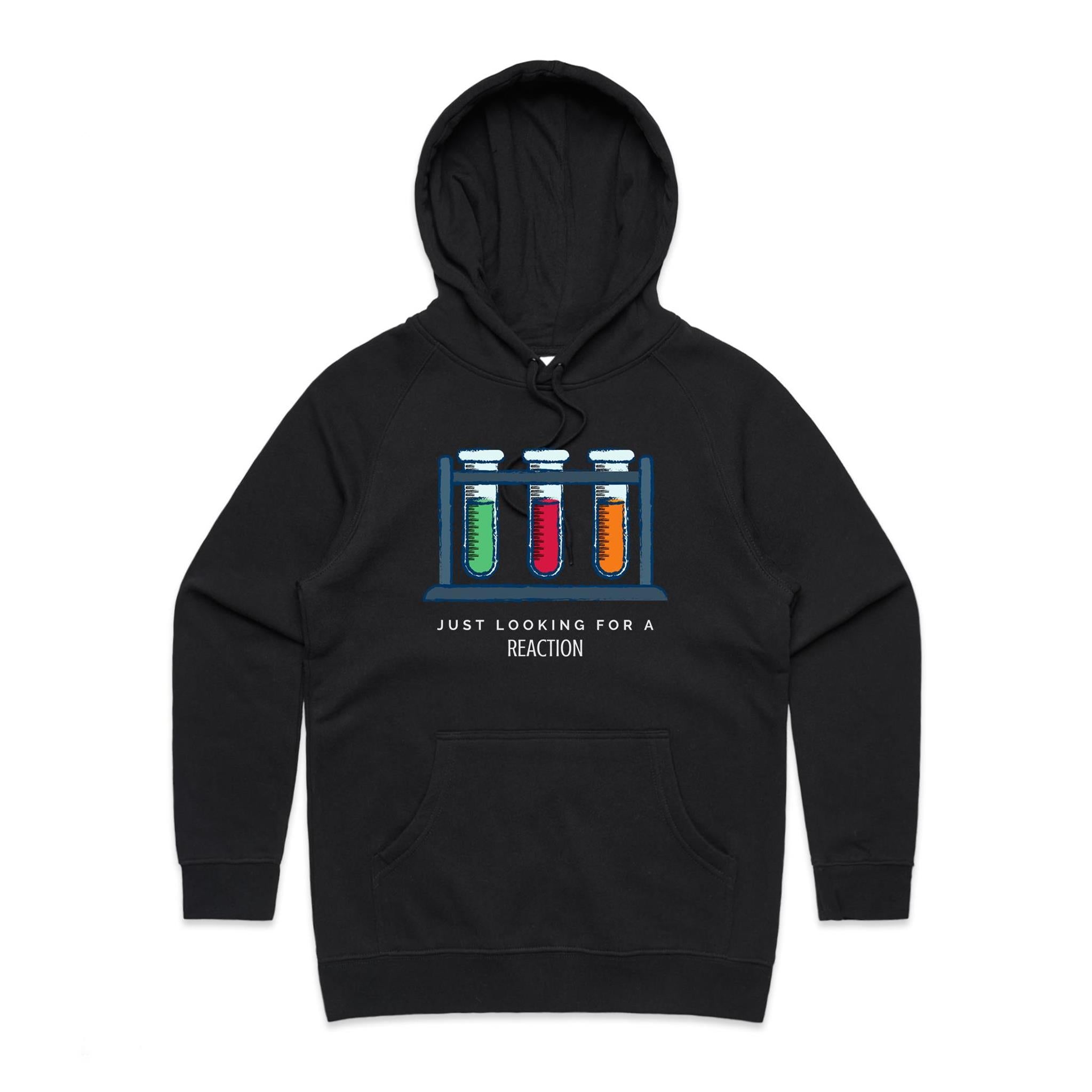 Test Tubes, Just Looking For A Reaction - Womens Hoodie Black Womens Hoodie Printed In Australia Science