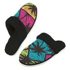 Palm Trees Men's Fur Trim Thick-Sole Indoor Slippers 2XL Men's Fur Trimmed Slippers Printed Offshore Surf