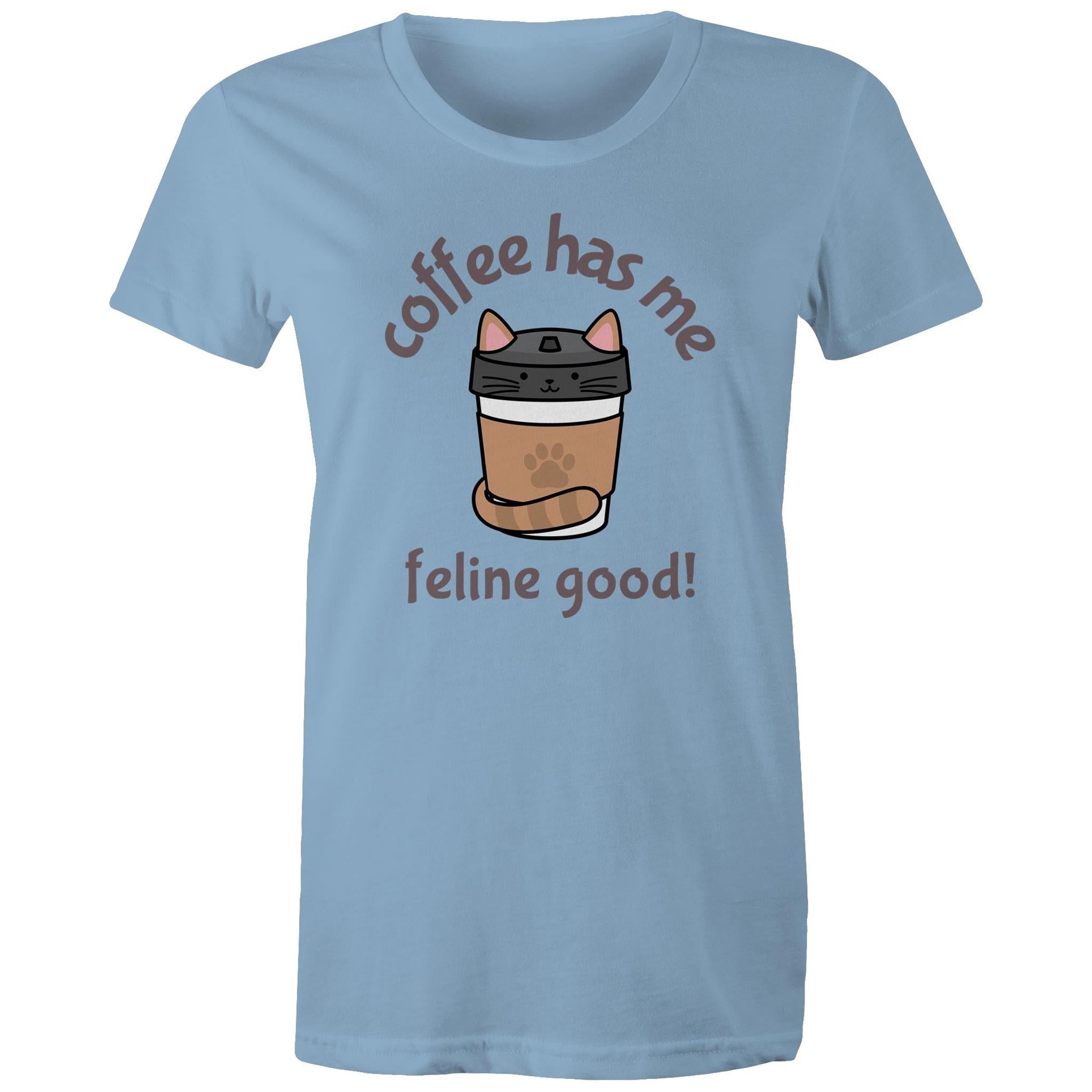 Coffee Has Me Feline Good, Cat - Womens T-shirt Carolina Blue Womens T-shirt animal Coffee Printed In Australia